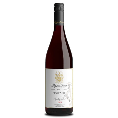 2023 Pinot Noir Tugalong Road bottle from PepperGreen Estate, Southern Highlands, surrounded by cherries, strawberries and vanilla