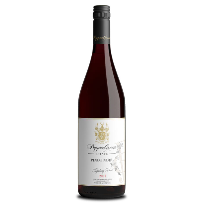 2023 Pinot Noir Tugalong Road bottle from PepperGreen Estate, Southern Highlands, surrounded by cherries, strawberries and vanilla