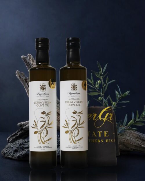 EVOO Gift Pack for Father's Day, two 500ml bottles of PepperGreen Estate Australian Extra Virgin Olive Oil with linen tea towel