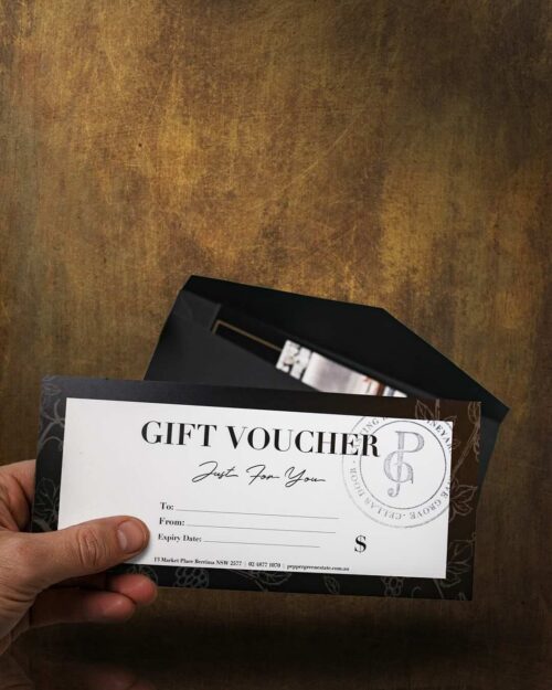 PepperGreen Estate gift voucher in black envelope, a last minute Father's Day gift