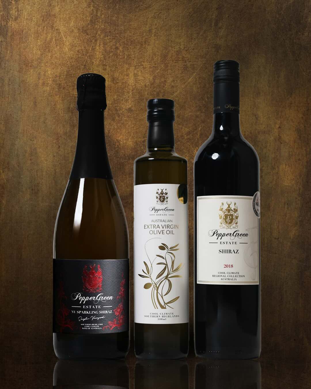 The Signature Trio Father's Day gift set, PepperGreen Estate Sparkling Shiraz, Extra Virgin Olive Oil and 2018 Shiraz